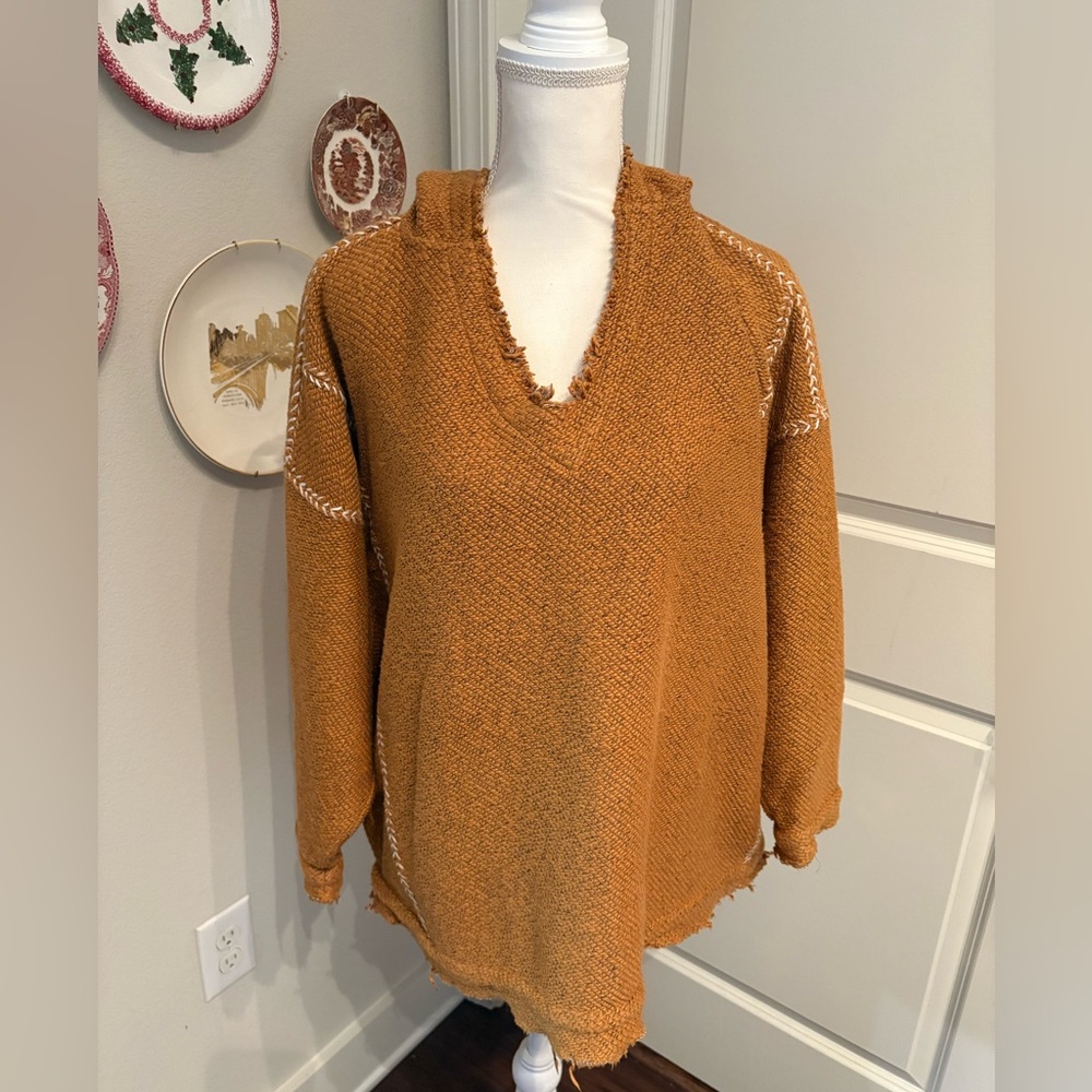 Free People V-Neck Knit Sweater Hoodie | Orange | Small